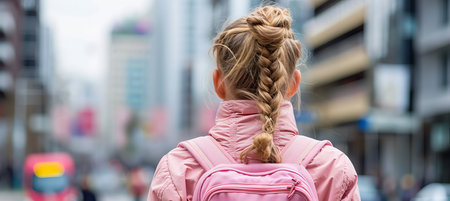 Joyful schoolgirl walking to school building, seen from behind with space for text placement.の素材