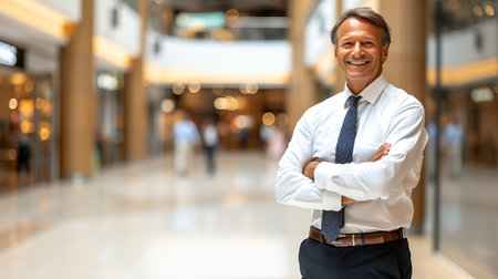 Confident handsome man portrait on bright defocused interior background with copy spaceの素材