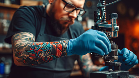 Tattoo artist creating intricate design on man s hand with needle and vibrant ink in close upの素材