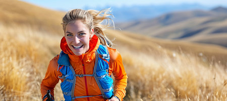 Active woman smiling with joy while trail running in the scenic outdoors for a triathlon marathonの素材