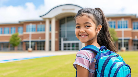 Happy schoolgirl with backpack walking towards building, view from behind with space for textの素材