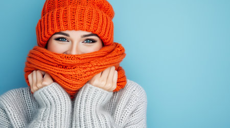 Joyful woman with scarf and hat, looking away, on pastel background with copy spaceの素材