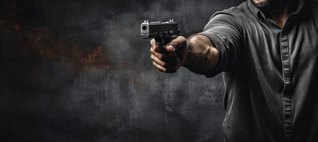 Hand holding gun on blurred gray background with copy space, crime and violence conceptの素材