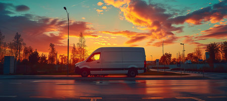 Silhouette of white cargo van waiting for loading with copy space for text placementの素材
