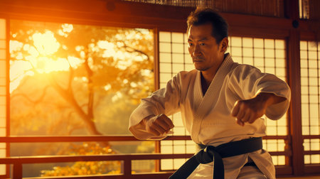 Energetic japanese taekwondo fighter showcasing martial arts skills in dojo settingの素材