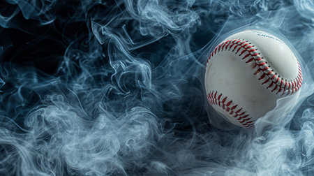 Vibrant smoke swirling around a baseball ball, isolated on a dramatic black backgroundの素材