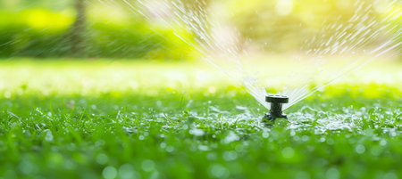 Automatic sprinkler system watering lush green lawn with copy space in garden landscapeの素材