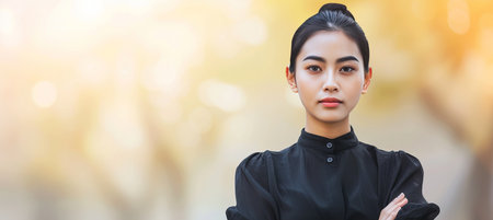 Professional young businesswoman portrait outdoors with blurred business center backgroundの素材