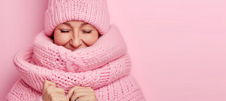 Happy senior woman with scarf and knitted hat, isolated on pastel background with copy spaceの素材