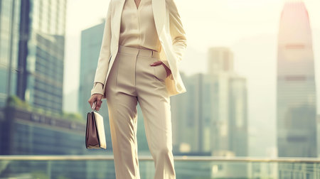 Stylish businesswoman walking in city center, smiling, blurred background with space for text.の素材