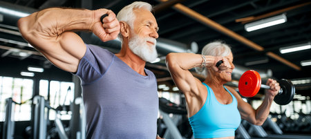 Energetic senior couple jogging together in health club for active lifestyle and fitnessの素材