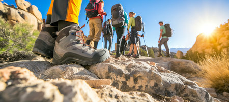 Hiker s shoes on mountain trail amidst scenic nature and people enjoying hiking experience.の素材