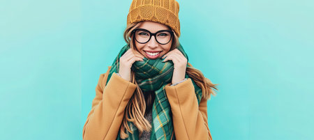 Elderly woman in knitted hat and scarf looking away against pastel background with copy spaceの素材