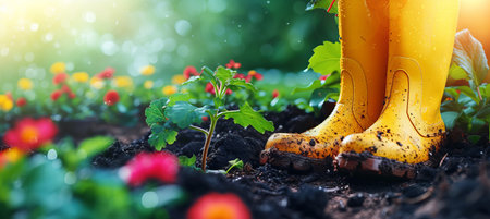 Colorful flowerpots and yellow boots in a sunny garden, creating a vibrant gardening backgroundの素材