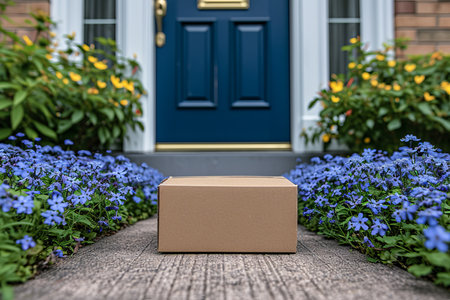 Online shopping delivery concept with cardboard package at front door, symbolizing convenience.の素材