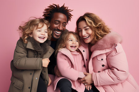 Happy black man, white woman, and kids jumping on bright pastel studio backgroundの素材