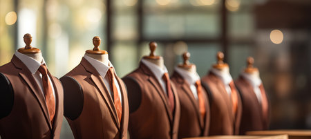 Chic mannequin in inviting showroom, showcasing sophisticated suits with text spaceの素材