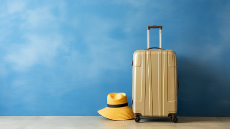 Blue holiday journey suitcase vacation baggage travel background with copy spaceの素材