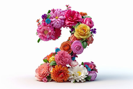 Vibrant 3d modern style letter  2  crafted from colorful flowers, isolated on clean white backgroundの素材