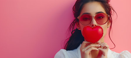 Valentine s fashion model with love concept, isolated on pink background for text placement.の素材