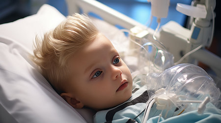 Joyful young patient wearing white gown lying on hospital bed with ample space for text placementの素材