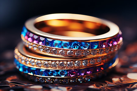 Close up of vibrant gemstones on sparkling jewelry, capturing brilliant colors and reflections.の素材