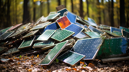 End of life solar panels   difficult to recycle renewable energy hardware   broken equipment.の素材