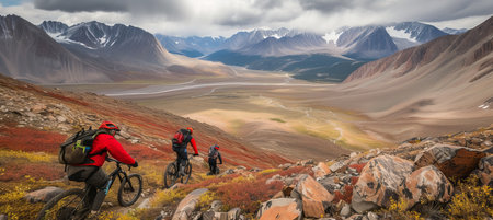 Group of cyclists descending steep slope on mountain bikes in action packed adventureの素材