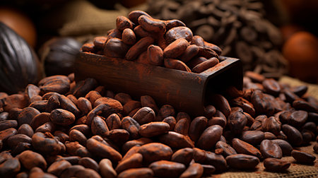 Scattered crushed dark chocolate pieces and whole cocoa beans on culinary backgroundの素材