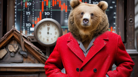 Bear in red suit with downtrend charts, representing market volatility and recession conceptの素材