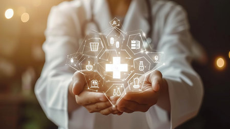 Healthcare and medical welfare concept with hands holding icons, symbolizing health access and care.の素材