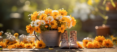 Sunny spring or summer garden with flowerpots and yellow boots in the backgroundの素材