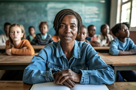 Smiling female teacher in elementary school classroom with students learning in the backgroundの素材