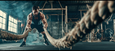 Determined man s intense battle rope workout at gym, space for personalized textの素材