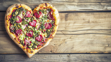 Heart shaped pizza on light table   perfect for romantic dinner  top view with copy spaceの素材
