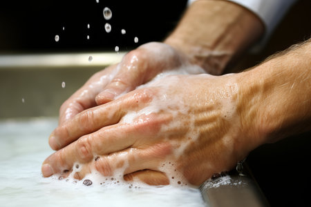 Close up of hands washing a white dish with soap and water in a stainless steel kitchen sinkの素材