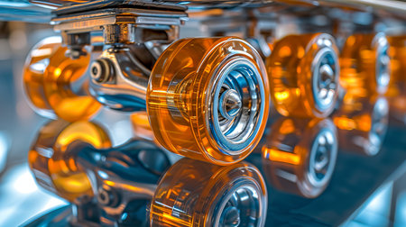 Close up of colorful skateboard wheels and bearings  dynamic details in vibrant lightingの素材