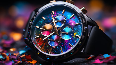 Fashionable wristwatch with vibrant colors and intricate details in close up studio shotの素材