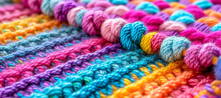 Close up of vibrant handwoven tapestry with intricate patterns and contrasting lightingの素材