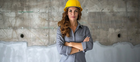 Confident female builder worker in uniform and helmet smiling on labour day with copy spaceの素材