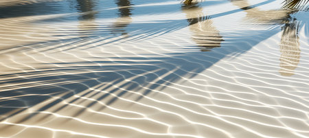 Tropical leaf shadow on water, white sand beach, abstract background for summer vacationの素材