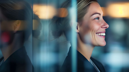 Joyful businesswoman at office meeting, portrait on blurred glass walls background with text spaceの素材