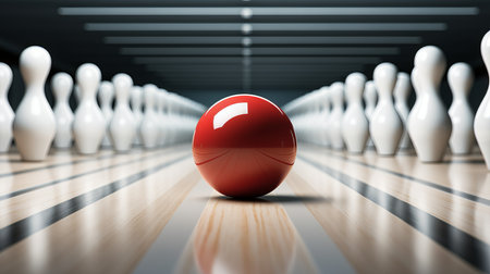 Bowling strike   ball crashing into pins on alley line during competition or tournamentの素材