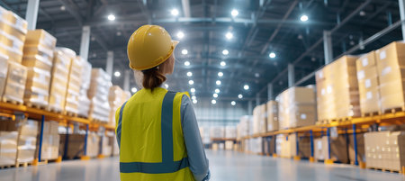 Confident female warehouse worker in bright distribution center with ample lightの素材