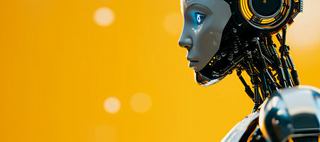 Futuristic humanoid head with neon neural network and vibrant eyes on pastel backgroundの素材