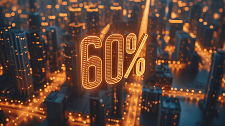 Mesmerizing interactive holographic display of a big shining 60  icon in the airの素材