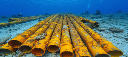 Underwater oil and gas pipeline, subsea industry equipment in the blue ocean depthsの素材