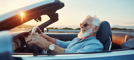 Luxurious cabrio adventure  happy bearded senior man enjoying a summer road trip in italyの素材