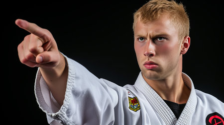 Energetic caucasian male taekwondo fighter showcasing martial arts skills in actionの素材