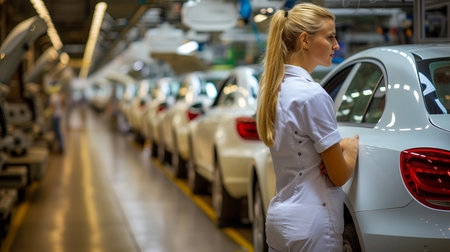 Female engineer managing car assembly line in automotive factory, advanced auto industry technologyの素材